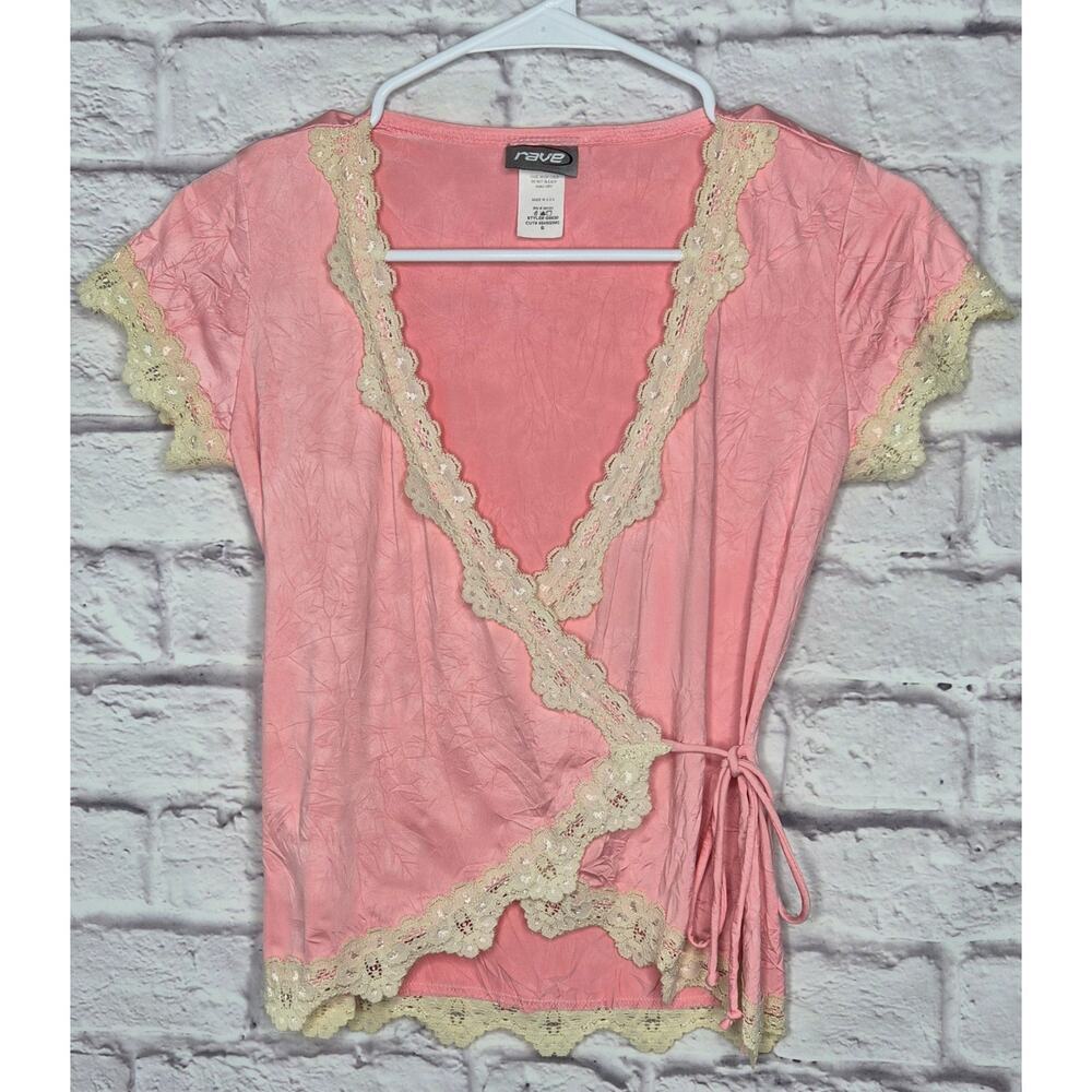 Vintage Y2K Rave Pink Lace Trim Wrap Top Size S Coquette Fairycore mcbling
